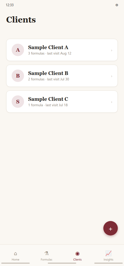 Clients screen — each client's formula history
