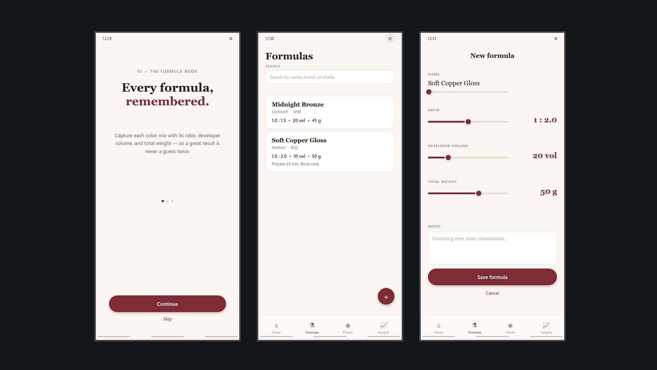 The formula app: onboarding, formula gallery, and capture screens