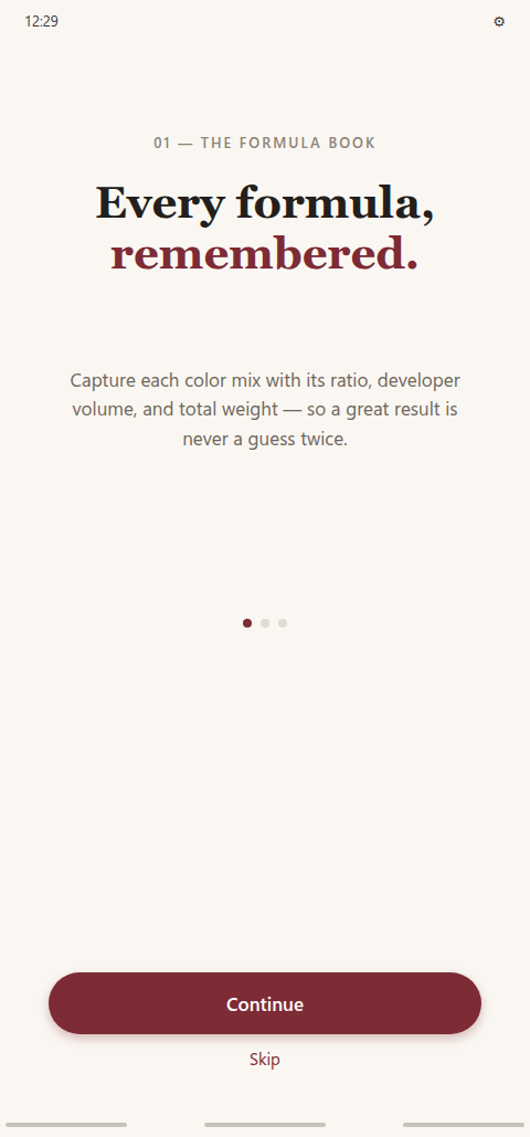 App onboarding — the formula book intro