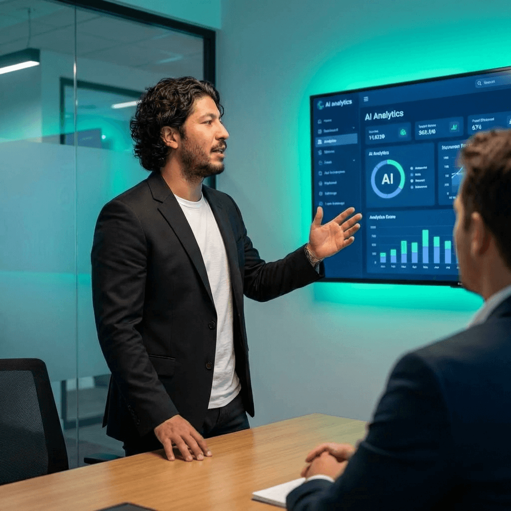 Joe presenting AI analytics dashboard to a client